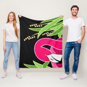 Pink Flamingo On Black Fleece Blanket