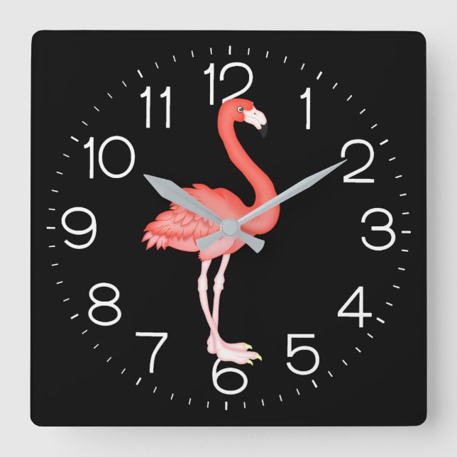 Pink Flamingo On Black  Square Wall Clock (Front)