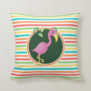 Pink Flamingo on Bright Rainbow Stripes Throw Pillow