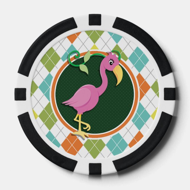 Pink Flamingo on Colourful Argyle Pattern Poker Chips (Front)