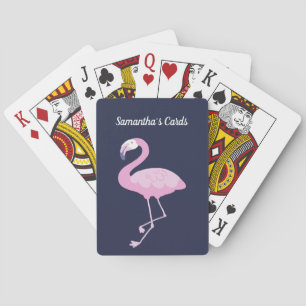 Pink Flamingo on Dark Blue Purple with Name Playing Cards