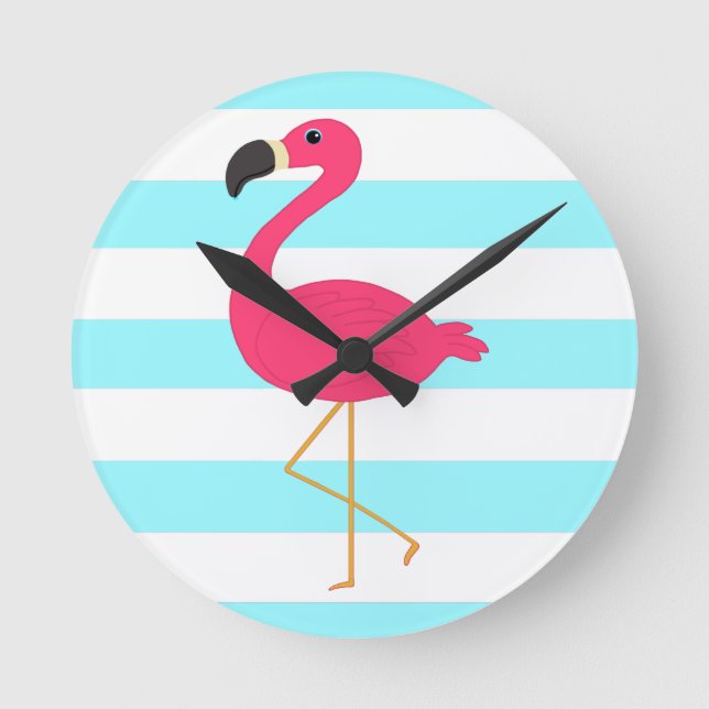 Pink Flamingo on Light Teal Stripes Round Clock (Front)
