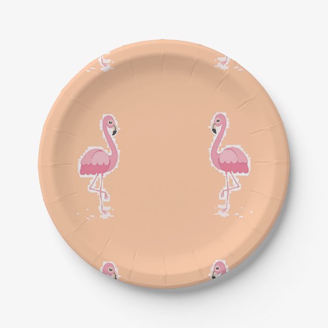 pink flamingo on pale orange paper plate (Front)