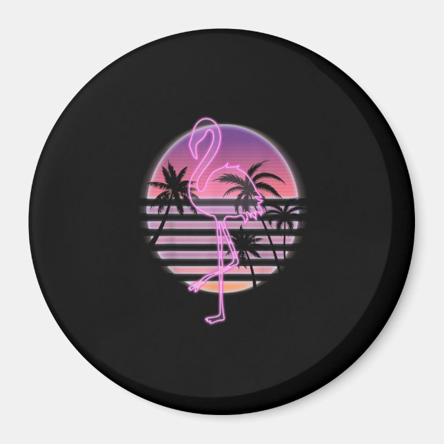 Pink Flamingo On Retro Sunset With Palm Trees Magnet (Front)