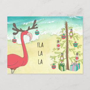 Pink Flamingo on Sandy Beach Holiday Greeting Card
