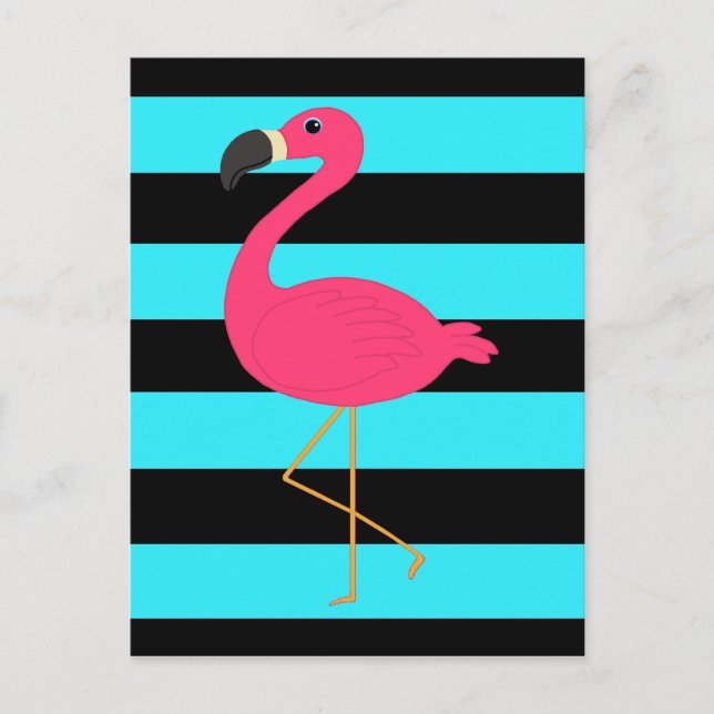 Pink Flamingo on Teal and Black Postcard (Front)