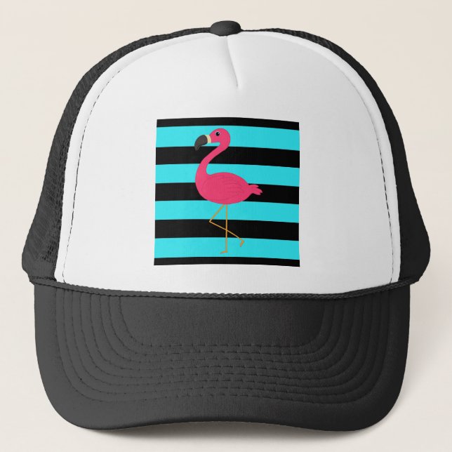 Pink Flamingo on Teal and Black Trucker Hat (Front)