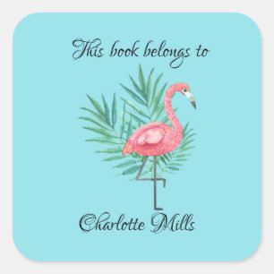 Pink Flamingo on Turquoise Bookplate Square Sticker