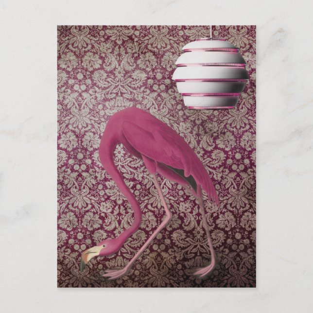 Pink Flamingo on Vintage Wallpaper Postcard (Front)