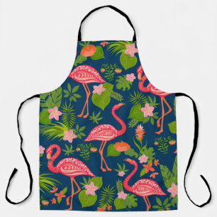 Pink flamingo ornament on a striped turquoise back apron