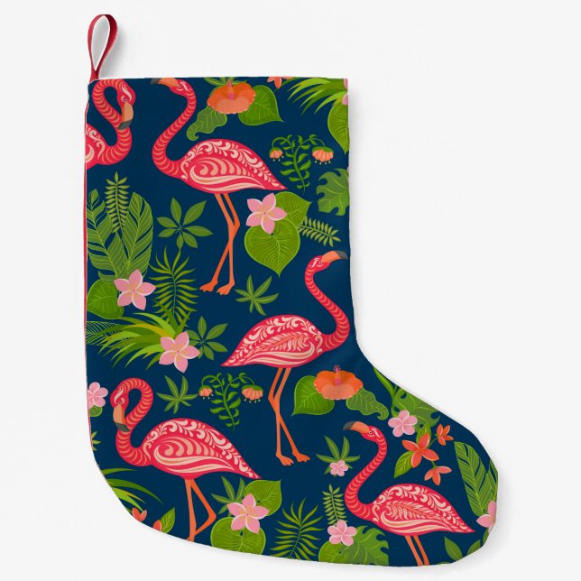 Pink flamingo ornament on a striped turquoise back small christmas stocking (Front)