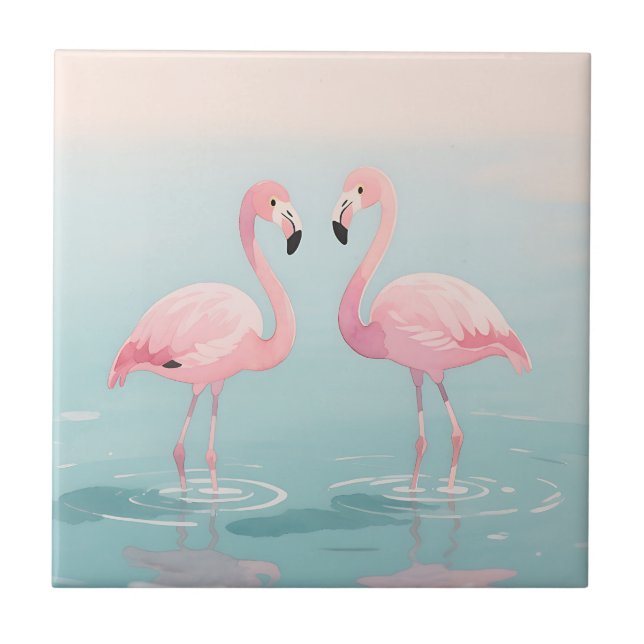 Pink Flamingo Pair Watercolor Serenity Tile (Front)