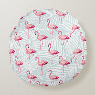 Pink Flamingo & Palm Leaves – Cute Round Pillow