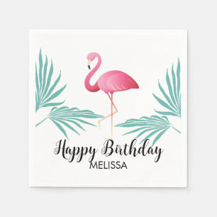 Pink Flamingo Palm Leaves Greenery Birthday Napkin