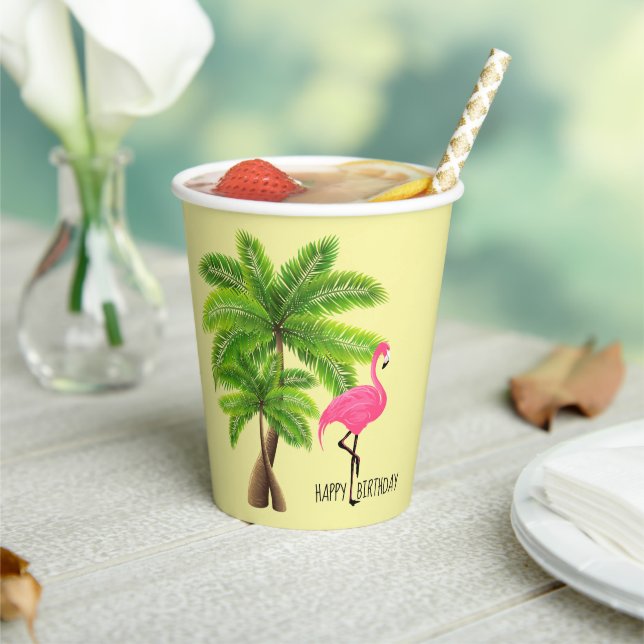 Pink Flamingo & Palm Trees 8oz Paper Cup, Lid Paper Cups (Insitu)