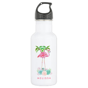 Pink Flamingo Palm trees and Floral Succulents 532 Ml Water Bottle