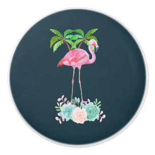 Pink Flamingo Palm trees and Floral Succulents Ceramic Knob