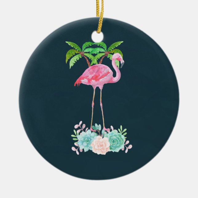 Pink Flamingo Palm trees and Floral Succulents Ceramic Ornament (Front)