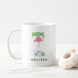 Pink Flamingo Palm trees and Floral Succulents Coffee Mug