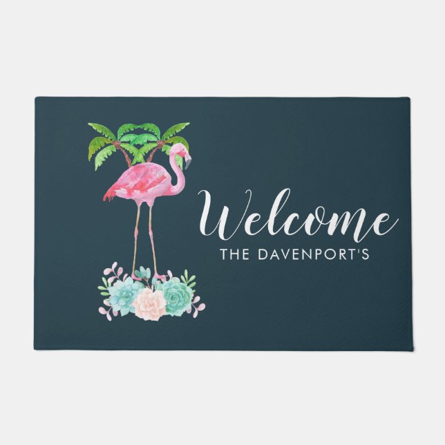 Pink Flamingo Palm trees and Floral Succulents Doormat (Front)