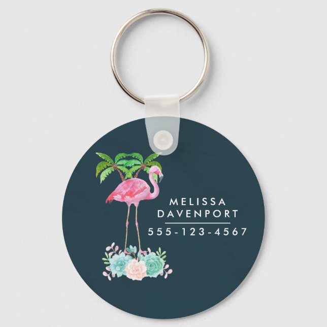 Pink Flamingo Palm trees and Floral Succulents Keychain (Front)