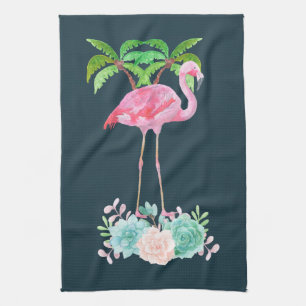 Pink Flamingo Palm trees and Floral Succulents Kitchen Towel