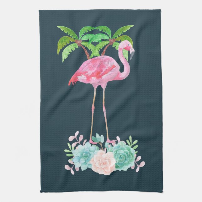 Pink Flamingo Palm trees and Floral Succulents Kitchen Towel (Vertical)