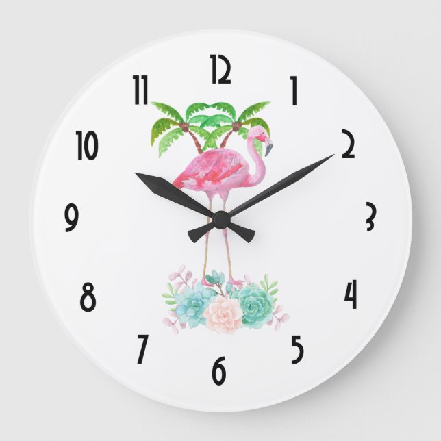 Pink Flamingo Palm trees and Floral Succulents Large Clock (Front)