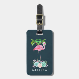 Pink Flamingo Palm trees and Floral Succulents Luggage Tag