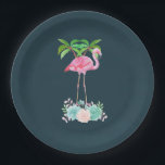 Pink Flamingo Palm trees and Floral Succulents Paper Plate<br><div class="desc">Paper plates with an illustration of a pink flamingo standing on a bed of floral succulent flowers with green palm trees swaying in the back. Tropical and pretty. The background is dark blue.</div>