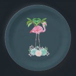 Pink Flamingo Palm trees and Floral Succulents Paper Plate<br><div class="desc">Paper plates with an illustration of a pink flamingo standing on a bed of floral succulent flowers with green palm trees swaying in the back. Tropical and pretty. The background is dark blue.</div>