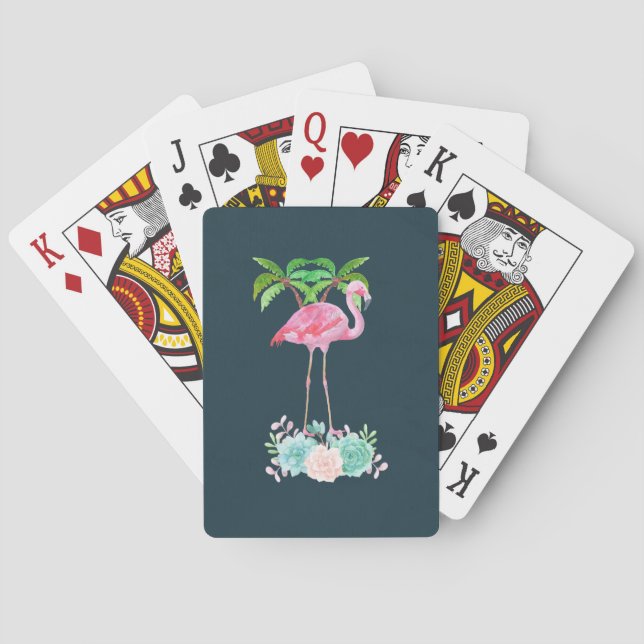 Pink Flamingo Palm trees and Floral Succulents Playing Cards (Back)