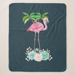 Pink Flamingo Palm trees and Floral Succulents Sherpa Blanket