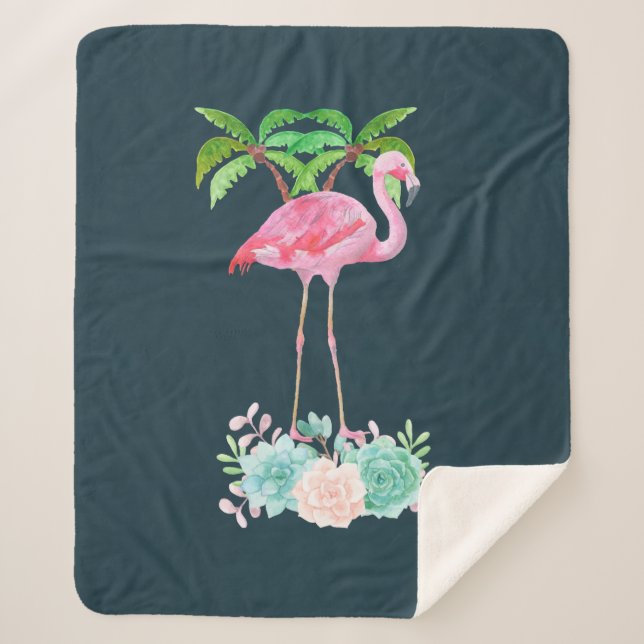 Pink Flamingo Palm trees and Floral Succulents Sherpa Blanket (Front)