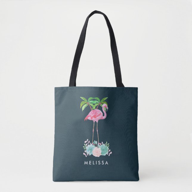 Pink Flamingo Palm trees and Floral Succulents Tote Bag (Front)