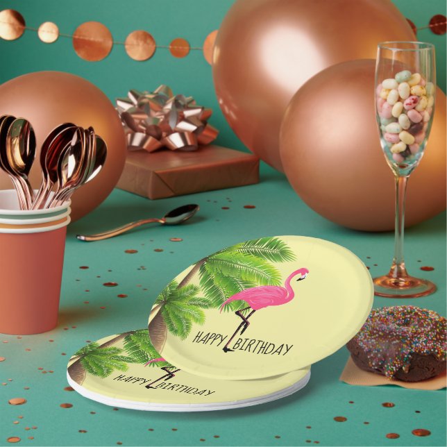 Pink Flamingo & Palm Trees Paper Plate (Multi)