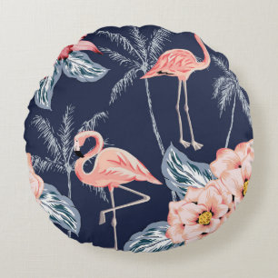 Pink flamingo, palm trees, rose, orchid flower, le round pillow