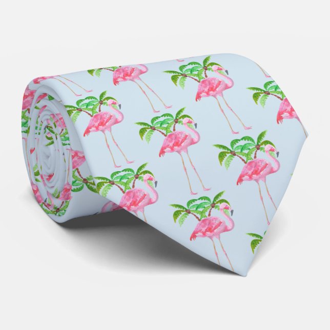 Pink Flamingo Palm trees Tropical Style Tie (Rolled)