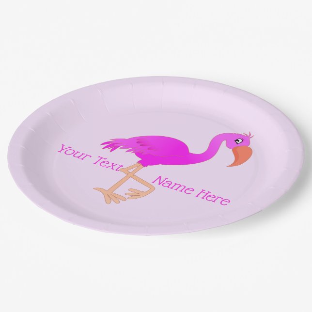 Pink Flamingo Paper Plates - Custom Text Name (Angled)