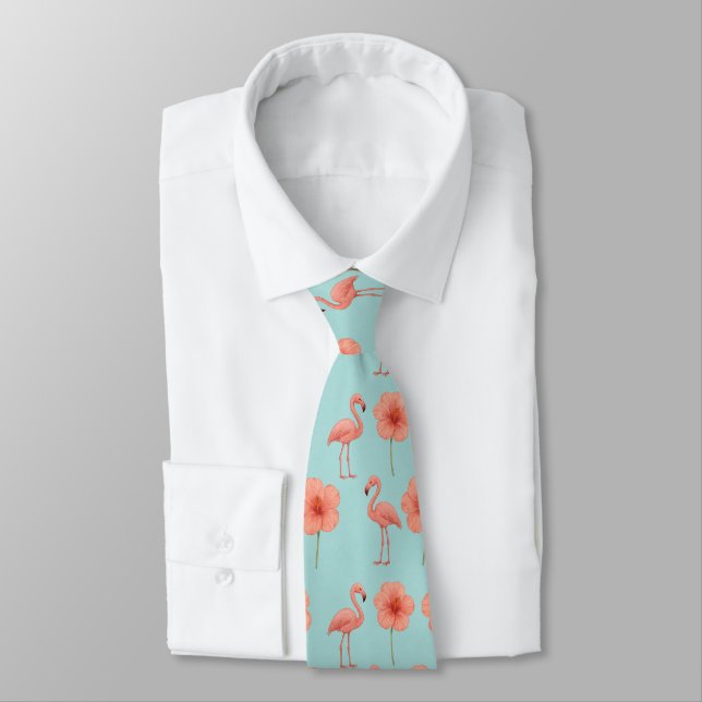 Pink Flamingo Paradise Watercolor Pattern Tie (Tied)