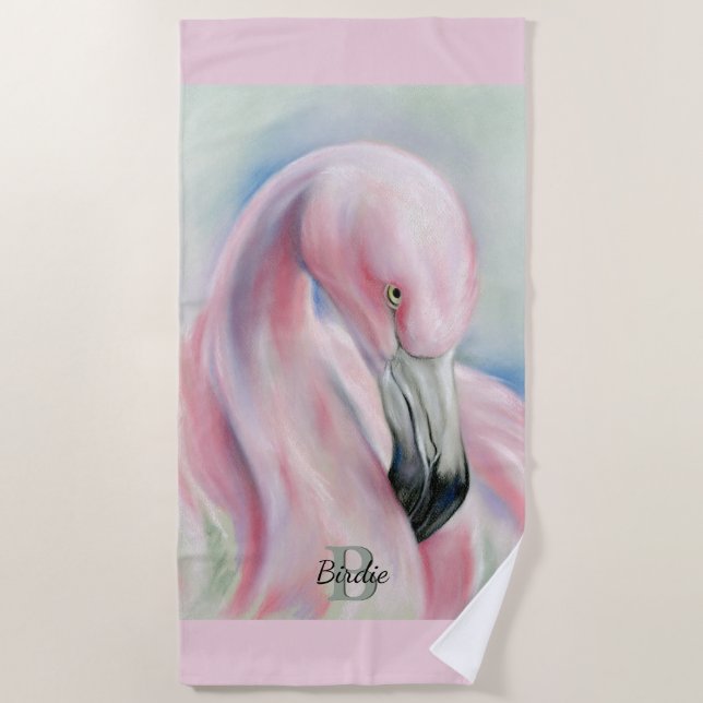 Pink Flamingo Pastel Art Personalized Beach Towel (Front)