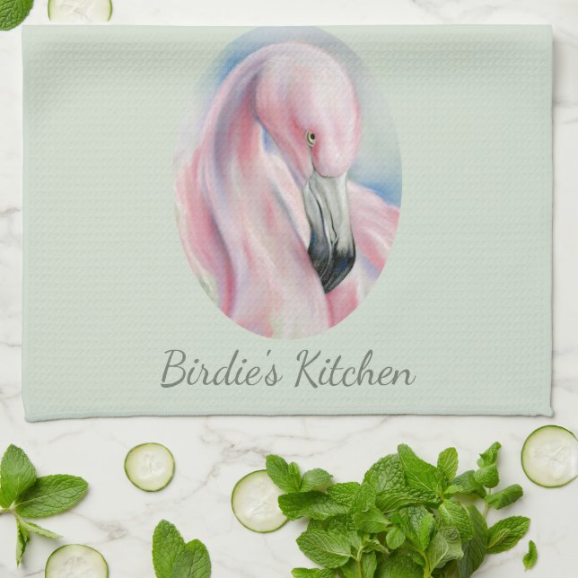 Pink Flamingo Pastel Art Personalized Name Kitchen Towel (Folded)