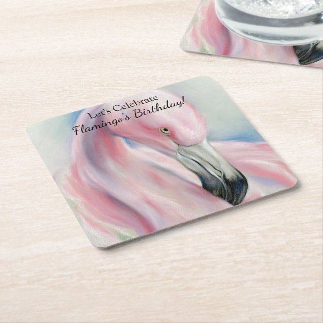 Pink Flamingo Pastel Art Square Paper Coaster (Angled)