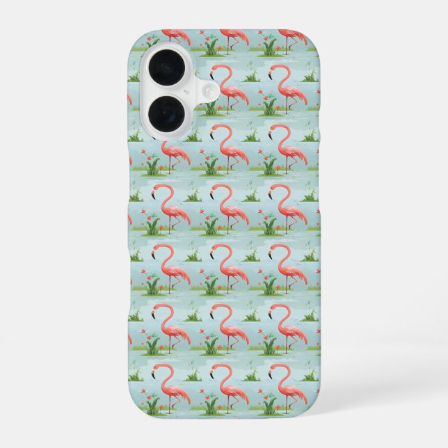 Pink Flamingo Pattern iPhone 16 Case (Back)