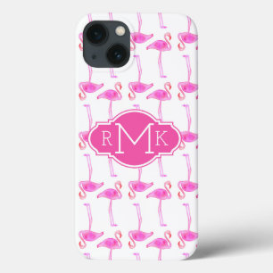 Pink Flamingo Pattern   Monogram iPhone 13 Case