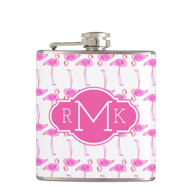 Pink Flamingo Pattern | Monogram Hip Flask (Front)