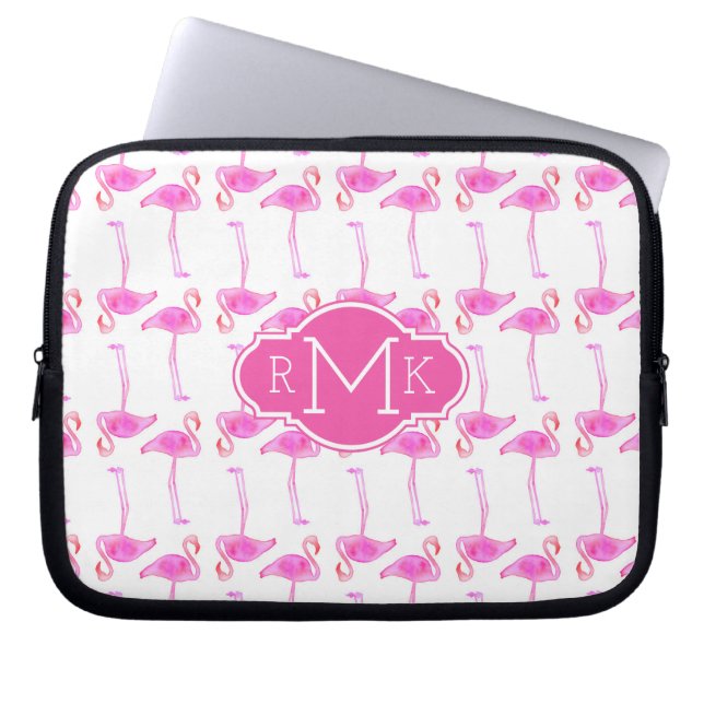 Pink Flamingo Pattern | Monogram Laptop Sleeve (Front)