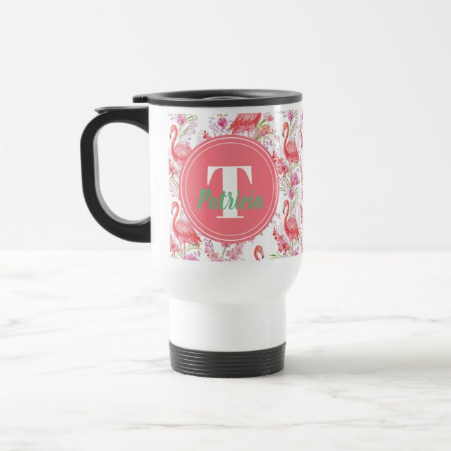 Pink Flamingo pattern monogram mug (Left)