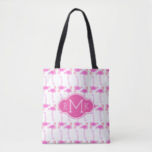 Pink Flamingo Pattern Monogram Tote Bag