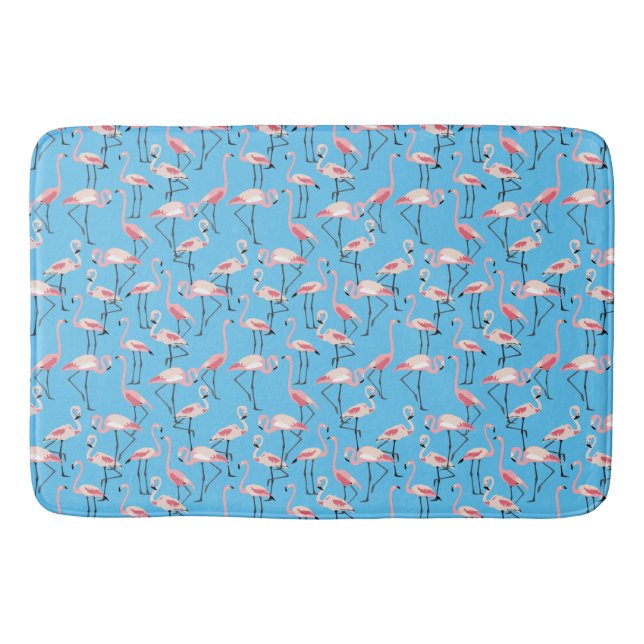 Pink Flamingo Pattern on Blue Bath Mat (Front)